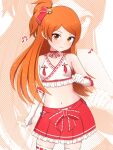 1girl arm_at_side armpits bare_shoulders bell bikini bow breasts closed_mouth collarbone concept_maihime_(idolmaster) cowboy_shot dot_nose elbow_gloves frilled_gloves frilled_shirt frilled_skirt frills gloves hair_bell hair_ornament hair_ribbon halter_shirt halterneck hand_up highres hip_vent idolmaster idolmaster_million_live! idolmaster_million_live!_theater_days jingle_bell light_blush light_smile long_hair looking_at_viewer midriff miniskirt musical_note navel neck_bell nontraditional_miko official_alternate_costume ogami_tamaki orange_eyes orange_hair parted_bangs pink_bikini pink_ribbon pink_skirt pleated_skirt ribbon ribbon-trimmed_gloves ribbon-trimmed_shirt ribbon-trimmed_thighhighs ribbon_trim shirt side-tie_bikini_bottom side_ponytail sidelocks skirt sleeveless sleeveless_shirt small_breasts solo swimsuit thighhighs waist_bow white_gloves white_thighhighs yosson_s zoom_layer 