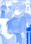  ... 2girls 3boys arms_behind_back blue_theme braid breasts closed_mouth commentary getsuyoubi_no_tawawa head_under_another&#039;s_clothes hide_and_seek highres himura_kiseki long_sleeves medium_breasts medium_hair monochrome multiple_boys multiple_girls neckerchief pleated_skirt sailor_collar school_uniform serafuku skirt smile spoken_ellipsis sweat twin_braids under_another&#039;s_clothes 
