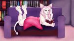 2018 anthro bat book bookshelf breasts detailed_background digital_drawing_(artwork) digital_media_(artwork) divergent_(series) eyelashes feet female furniture hair inside j._r._r._tolkien long_hair lying lying_on_sofa mammal middle-earth_(tolkien) on_front on_sofa pink_blanket pink_hair pink_inner_ear pink_nose purple_eyes purple_sofa reading reading_book shaded sofa soft_shading solo spade_tail tail the_hobbit the_hunger_games white_body xblueashesx