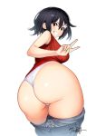  1girl ass bent_over black_hair breasts brown_eyes commentary_request denim from_behind grin huge_ass jeans kawakami_masaki large_breasts looking_at_viewer looking_back original panties pants pants_down ponkotsu_musume_no_nichijou short_hair signature simple_background smile smug solo thick_thighs thighs underwear v white_background white_panties 