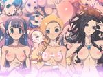  bianca bitchen blue_eyes blush bow breasts cum deborah dragon_quest dragon_quest_v earrings flora hair_over_shoulder jewelry large_breasts multiple_girls nipples nude penis pink_bow siblings sisters smile 