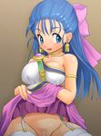  anshinmama bare_shoulders blue_eyes blue_hair bow breasts cleavage dragon_quest dragon_quest_v dress flora garter_straps half_updo large_breasts long_hair no_panties pink_bow pubic_hair solo thighhighs white_legwear 