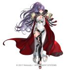  1girl alternate_costume armor belt black_boots boots breasts cape cleavage closed_mouth copyright_notice criss-cross_halter dress earrings fire_emblem fire_emblem:_genealogy_of_the_holy_war fire_emblem_heroes full_body gold_trim hair_ornament halterneck hand_on_own_chest hand_up ishtar_(fire_emblem) ishtar_(resplendent)_(fire_emblem) jewelry lips long_dress long_hair long_sleeves looking_at_viewer medium_breasts official_art open-toe_boots ponytail purple_eyes purple_hair red_cape shiny_skin shoulder_armor side_slit simple_background solo suzuki_rika thigh_boots thighhighs thighs toes very_long_hair white_background white_dress 