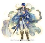  1boy armor ascot belt blue_eyes blue_hair boots cape collar copyright_notice fire_emblem fire_emblem:_genealogy_of_the_holy_war fire_emblem_heroes full_body long_sleeves male_focus official_art sheath short_hair shoulder_armor sigurd_(fated_holy_knight)_(fire_emblem) sigurd_(fire_emblem) solo suzuki_rika 