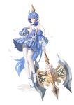  1girl absurdres ahoge alternate_costume alternate_hairstyle axe bare_shoulders battle_axe blue_bow blue_dress blue_hair blue_shoes bow breasts bridal_gauntlets closed_mouth clothing_cutout commentary_request detached_sleeves double-sided_axe dress epic_seven expressionless flower full_body hair_flower hair_ornament hand_on_own_chest high_heels highres holding holding_axe long_hair looking_at_viewer mixed-language_commentary mung_(larnec) pantyhose partial_commentary ponytail pumps ravi_(epic_seven) red_eyes shoes small_breasts solo very_long_hair weapon weapon_behind_back white_bridal_gauntlets white_flower white_pantyhose wide_sleeves 