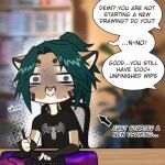 1:1 anthro black_clothing black_shirt black_t-shirt black_topwear bodily_fluids brown_markings clothed clothing demireality felid gloves_(marking) green_eyes green_hair hair keyboard looking_at_viewer male mammal markings mouth_closed shirt sitting solo spiral_eyes sweat sweatdrop t-shirt tablet_pen tan_body topwear white_body