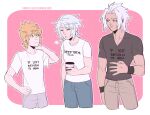  1girl 2boys alternate_costume aqua_(kingdom_hearts) arcaniice arm_up black_shirt blonde_hair blue_pants brown_pants closed_eyes coffee commentary cropped_legs cup dark-skinned_male dark_persona dark_skin denim disposable_coffee_cup disposable_cup english_commentary english_text grey_hair grey_pants hair_intakes hand_on_own_hip hand_up holding holding_cup if_lost_return_to_(meme) jeans kingdom_hearts kingdom_hearts_iii looking_at_another medium_hair meme multiple_boys outline pants parted_bangs pink_background polka_dot polka_dot_background possessed shirt short_hair sigh spiked_hair t-shirt terra-xehanort tight_clothes tight_shirt toned toned_male tumblr_username upper_body v-neck ventus-vanitas white_outline white_shirt wristband yellow_eyes 