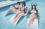  3girls absurdres aradia_ravencroft asymmetrical_horns bare_shoulders bikini black_bikini black_hair blue_hair breasts cleavage closed_eyes eyewear_on_head green_hair group_picture highres hololive hololive_english horns large_breasts long_hair malpha_ravencroft mole mole_under_eye multicolored_hair multiple_girls nerissa_ravencroft one-piece_swimsuit pool purple_eyes purple_hair seventeencrows short_hair sitting sunglasses swimsuit twitter_username two-tone_hair uneven_horns very_long_hair virtual_youtuber white_one-piece_swimsuit 