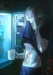  1boy 5a1_uei animal_print bandaid bandaid_on_arm bandaid_on_face bandaid_on_forehead bandaid_on_stomach black_pants black_shirt blonde_hair blood_on_stomach cat_print cellphone clothes_in_mouth clothes_pull cup highres holding holding_cup holding_phone indoors light_particles long_hair looking_down looking_to_the_side male_focus mug pants phone print_mug refrigerator sakamoto_days scar scar_on_cheek scar_on_face shirt shirt_pull shishiba_(sakamoto_days) smartphone solo t-shirt upper_body 