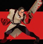  1boy black_hair blood blood_on_clothes blood_on_face blood_on_weapon bonesaw commentary doctor english_commentary faust_(guilty_gear) fighting_stance glasses gloves grey_hair guilty_gear highres lab_coat male_focus mature_male medic_(tf2) necktie outfit_connection parody red_eyes red_gloves red_medic_(tf2) saw sev_(consultyourdr) solo suspenders syringe team_fortress_2 trait_connection weapon 
