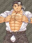 1boy bara bare_pectorals bulge chest_hair cigarette facial_hair hairy hand_hair highres large_pectorals looking_at_viewer male_focus mature_male mononobe_kyoma muscular muscular_male navel_hair one_eye_closed open_pants opened_by_self pants pectorals presenting_pectorals seductive_smile shirako_(kirupi) short_hair smile solo strongman_waist stubble superman_exposure thick_arm_hair thick_eyebrows tokyo_afterschool_summoners too_many_watermarks unzipped very_hairy watch watermark wristwatch 