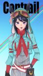  1girl :p absurdres animal_ears aviator_cap aviator_goggles black_gloves black_hair blue_background blue_jacket breast_pocket character_name contrail contrail_(racehorse) crop_top ears_through_headwear gloves goggles goggles_on_headwear green_hat hat highres horse_ears horse_girl jacket neckerchief obushideian original personification pocket purple_eyes red_neckerchief short_hair simple_background solo tongue tongue_out umamusume 