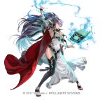  1girl alternate_costume arm_up armor armpits belt boots breasts cape cleavage copyright_notice dress earrings fire_emblem fire_emblem:_genealogy_of_the_holy_war fire_emblem_heroes floating floating_object full_body gold_trim hair_ornament ishtar_(fire_emblem) ishtar_(resplendent)_(fire_emblem) jewelry lightning long_dress long_hair long_sleeves magic medium_breasts official_art parted_lips ponytail purple_eyes purple_hair red_cape shiny_skin shoulder_armor side_slit suzuki_rika thigh_boots thighhighs thighs toes very_long_hair white_background white_dress 