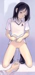  black_eyes black_hair blush bottomless censored copyright_request cup kneeling mosaic_censoring no_panties orange_bullet pee peeing peeing_in_cup school_uniform shirt_lift socks solo_focus sweater_vest 