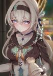  1girl absurdres black_gloves black_hairband blue_pupils blurry blurry_background blush bridal_gauntlets commentary_request firefly_(honkai:_star_rail) gloves grabbing_another&#039;s_breast grey_hair groping guided_breast_grab guiding_hand hairband highres honkai:_star_rail honkai_(series) long_hair long_sleeves neckerchief orange_neckerchief pov pov_hands purple_eyes shirt smile solo_focus tefutefufu translation_request white_shirt 