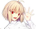  1girl arcueid_brunestud blonde_hair close-up fangs highres iro_(sekaixiro) open_mouth red_eyes short_hair simple_background solo sweater teeth tsukihime waving white_background white_sweater 