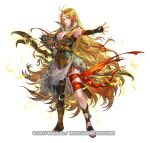  1girl ahoge armpits arrow_(projectile) blonde_hair braid breasts circlet cleavage copyright_notice dress earrings elbow_gloves fire_emblem fire_emblem:_genealogy_of_the_holy_war fire_emblem_heroes full_body gloves gradient_clothes hand_on_own_hip hand_up hoop_earrings jewelry long_hair looking_at_viewer medium_breasts necklace official_art parted_lips quiver short_dress simple_background single_thighhigh sleeveless smile solo standing suzuki_rika thighhighs toes ullr_(fire_emblem) white_background yellow_eyes 