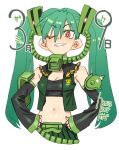  1girl breasts cleavage commentary_request detached_sleeves green_hair grin gundam hair_between_eyes hatsune_miku highres kusada long_hair mask midriff navel one_eye_closed red_eyes respirator shoulder_spikes simple_background small_breasts smile spikes twintails vest vocaloid white_background zaku 