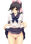  black_hair bow brown_eyes fujirin highres love_plus navel no_panties pee peeing ponytail pussy school_uniform serafuku skirt skirt_lift solo takane_manaka 