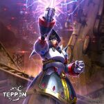  1boy android arm_up armor black_hat colonel_(mega_man) electricity energy_sword hat holding holding_sword holding_weapon ishida_baru male_focus mega_man_(series) mega_man_x_(series) official_art solo sword teppen weapon white_armor 