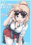  2019 alternate_hairstyle artist_name blue_background blue_eyes border breasts character_name cleavage clothes_around_waist dated dog_tags eyewear_lift girls_und_panzer happy_birthday highres jacket_around_waist kasai_shin kay_(girls_und_panzer) leaning_forward ponytail red_skirt saunders_school_uniform school_uniform skirt thighhighs thighs white_border 