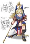  5girls anger_vein aviator_cap aviator_goggles blonde_hair boots bow bowtie character_name chinese_text contrail_(racehorse) crown ear_covers fang genderswap genderswap_(mtf) gloom_(expression) goggles goggles_on_headwear gold_ship_(umamusume) green_eyes highres holding holding_polearm holding_weapon kneeling mini_crown multiple_girls obushideian original personification pointing pointing_at_another polearm school_uniform single_thighhigh solo_focus special_week_(umamusume) thighhighs toho_jackal_(racehorse) tracen_school_uniform umamusume weapon white_thighhighs 