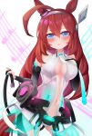  absurdres ahoge animal_ears blue_eyes blush breasts brown_hair center_opening commentary cosplay hatsune_miku hatsune_miku_(append) hatsune_miku_(append)_(cosplay) highres horse_ears horse_girl horse_tail large_breasts leotard long_hair metal_hairband mihono_bourbon_(umamusume) navel necktie raku29_shi tail umamusume white_leotard 