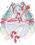  1girl aqua_eyes back_bow bow buttons corset dress flower food food-themed_hair_ornament footwear_bow fork frilled_corset frilled_dress frilled_sleeves frilled_socks frills fruit full_body gingham gradient_hair hair_between_eyes hair_bow hair_ornament hair_ribbon hairband hatsune_miku high-low_dress high_heels highres holding holding_food holding_fork holding_fruit lolita_hairband long_hair long_sleeves looking_at_viewer low-tied_long_hair miku_day multicolored_hair musical_note musical_note_print musical_staff musical_staff_print official_alternate_costume over-kneehighs oversized_fork oversized_object puffy_long_sleeves puffy_sleeves red_bow red_corset red_ribbon red_shoes ribbon ribbon-trimmed_socks ribbon_trim shoes sidelocks simple_background socks solo sparkle strawberry strawberry_hair_ornament strawberry_miku_(morikura) striped_ribbon thighhighs treble_clef two-sided_dress two-sided_fabric upa_papa_co very_long_hair vocaloid white_background white_flower white_socks 