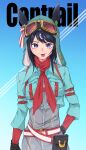  1girl :p absurdres animal_ears aviator_cap aviator_goggles black_gloves black_hair blue_background blue_jacket breast_pocket character_name contrail contrail_(racehorse) crop_top ears_through_headwear genderswap genderswap_(mtf) gloves goggles goggles_on_headwear green_hat hat highres horse_ears horse_girl jacket neckerchief obushideian original personification pocket purple_eyes red_neckerchief short_hair simple_background solo tongue tongue_out umamusume 