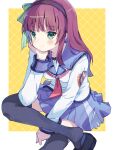  &gt;:) 1girl akayama_yukihe angel_beats! black_hairband black_shoes black_thighhighs blue_sailor_collar blue_skirt blunt_bangs blush border bow closed_mouth commentary_request crossed_legs foot_out_of_frame green_bow hair_bow hair_over_shoulder hairband hand_on_own_chest hand_up head_rest highres loafers long_sleeves medium_hair miniskirt nakamura_yuri neckerchief outside_border pink_neckerchief pleated_skirt purple_hair sailor_collar shinda_sekai_sensen_uniform shirt shoes sidelocks simple_background sitting skirt smile solo split_mouth thighhighs v-shaped_eyebrows white_border white_shirt yellow_background zettai_ryouiki 