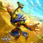  armor beak blue_eyes blue_sky blurry cloud commentary_request copyright_logo copyright_name copyright_notice day desert full_body ishida_baru logo looking_at_viewer mega_man_(series) mega_man_x2 mega_man_x_(series) non-humanoid_robot official_art outdoors outstretched_arms overdrive_ostrich_(mega_man) robot robot_animal sand sky solo spikes spread_arms teppen wind 