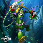  arm_up armor boots commentary_request copyright_logo copyright_name copyright_notice full_body green_armor green_boots holding ishida_baru logo mega_man_(series) mega_man_x2 mega_man_x_(series) official_art plant red_eyes robot sigma_symbol solo teppen vines wire_sponge_(mega_man) 