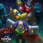  3boys android armor bald bit_(mega_man) blue_eyes byte_(mega_man) cape closed_mouth commentary_request copyright_logo copyright_name copyright_notice facial_mark forehead_jewel helmet highres holding ishida_baru logo looking_at_viewer male_focus mega_man_(series) mega_man_x3 mega_man_x_(series) multiple_boys official_art ok_sign parted_lips red_armor red_cape red_eyes shoulder_armor sigma_(mega_man) smirk teppen yellow_armor yellow_helmet 