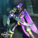  1boy against_wall android arm_blade armor commentary_request copyright_logo copyright_name copyright_notice dark_mantis_(mega_man) hands_up helmet ishida_baru logo male_focus mega_man_(series) mega_man_x8 mega_man_x_(series) official_art purple_armor purple_eyes purple_helmet shadow solo standing teppen weapon 