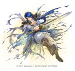  1boy armor ascot belt blue_eyes blue_hair boots cape collar copyright_notice fire_emblem fire_emblem:_genealogy_of_the_holy_war fire_emblem_heroes full_body holding holding_weapon long_sleeves male_focus official_art sheath short_hair shoulder_armor sigurd_(fated_holy_knight)_(fire_emblem) sigurd_(fire_emblem) solo suzuki_rika sword torn_clothes tyrfing_(fire_emblem) weapon 