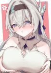  1girl absurdres anger_vein black_hairband blue_pupils blush breasts bridal_gauntlets collarbone commentary_request firefly_(honkai:_star_rail) grey_hair hairband highres holding_own_leash honkai:_star_rail honkai_(series) large_breasts long_hair looking_at_viewer pout purple_eyes shirt sleeveless sleeveless_shirt solo tefutefufu twitter_username upper_body white_shirt 