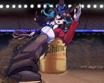  animal_ears barrel blue_bonnet blue_fire bonnet boots brown_hair chaps cowboy_boots cowboy_hat dagger dirt fire hat highres horse_ears horse_girl horse_tail knife purple_eyes rhythmshifted rice_shower_(umamusume) rodeo running sweatdrop tail texas umamusume weapon 