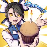 1girl black_hair bow candle chinese_clothes commentary english_commentary eyes_visible_through_hair food hair_bow hair_over_one_eye highres mefomefo muffin original solo spanish_text translated upper_body yellow_eyes 