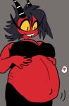  after_vore belly big_belly big_breasts breasts charliecrow clothed clothing demon female hair helluva_boss horn humanoid imp low_res millie_(helluva_boss) oral_vore red_body red_skin simple_background smile solo vore 
