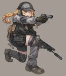  1girl aiming aqua_eyes bangs blonde_hair braid brown_footwear clothes_writing commission english_commentary ergot gloves grey_background grey_headwear gun hair_between_eyes handgun hat headphones highres holding holding_gun holding_weapon indie_virtual_youtuber knee_pads long_hair long_sleeves military multiple_weapons one_knee open_mouth rifle simple_background single_braid solo vest virtual_youtuber weapon whiskey_project 