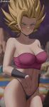  1girl bare_shoulders black_bracelet black_panties blonde_hair blue_eyes blush breasts caulifla cleavage closed_mouth dragon_ball dragon_ball_super highres large_breasts looking_at_viewer oroborus panties pink_tube_top spiked_hair sports_bra strapless super_saiyan super_saiyan_2 tube_top underwear 