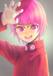  1girl :d bangs black-framed_eyewear blunt_bangs bob_cut coat ezaki_purin ghost_in_the_shell glasses gloves grey_background jj_(ssspulse) long_sleeves looking_at_viewer open_mouth over-rim_eyewear pink_hair red_coat red_eyes semi-rimless_eyewear shiny shiny_hair short_hair smile solo upper_body white_gloves 