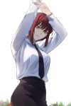  1girl absurdres arms_up bangs black_necktie black_pants braid braided_ponytail breasts chainsaw_man collared_shirt flower formal highres kikaia lips long_hair long_sleeves makima_(chainsaw_man) necktie office_lady pants red_hair ringed_eyes shirt sidelocks simple_background solo white_shirt yellow_eyes 