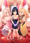  3girls :d ;d bangs bare_shoulders black_gloves black_hair blonde_hair blush braid breasts cleavage cup dress drinking_glass elbow_gloves fang fingerless_gloves furukawa_itsuse gloves hairband high_heels highres jewelry long_hair mole mole_under_eye multiple_girls necklace one_eye_closed pink_dress pink_footwear pink_hair purple_dress red_eyes see-through smile table toeless_footwear white_gloves wine_glass yellow_eyes 