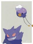  black_eyes border commentary drifloon gengar grin highres looking_up mokuzou_(moku_ssbu) no_humans pokemon pokemon_(creature) smile symbol-only_commentary teeth twitter_username white_border 