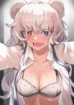  1girl animal_ears arknights bangs bear_ears blue_eyes blue_necktie blush bra breasts cleavage collarbone collared_shirt grey_bra heterochromia highres large_breasts long_hair long_sleeves looking_at_viewer multicolored_hair necktie open_clothes open_mouth open_shirt reaching_out red_eyes rosa_(arknights) shirt solo solokitsune streaked_hair sweatdrop underwear undone_necktie upper_body white_hair white_shirt 