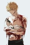  1boy animal blonde_hair blood blood_drip blood_on_arm blood_on_face cat chainsaw_man cowboy_shot denji_(chainsaw_man) highres holding holding_animal holding_cat inuo_(inuo_x) looking_at_animal looking_at_another male_focus short_hair smile solo topless_male white_background yellow_eyes 