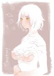  1girl blush bob_cut bowl bread_slice breasts cheese dungeon_meshi falin_thorden feathers food highres jack_(haist) meat messy_hair monster_girl rice_bowl spoilers underboob white_feathers white_hair yellow_eyes 