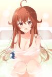  1girl ahoge amamiya_mimori bangs bath bathing bathroom bathtub blush breasts brown_eyes brown_hair collarbone commentary_request hair_between_eyes highres knees_together_feet_apart knees_up large_breasts long_hair looking_at_viewer nude open_mouth partially_submerged ririka_(ab-yuri) shadowverse_(anime) solo very_long_hair water 