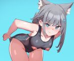  1girl adjusting_clothes adjusting_swimsuit animal_ear_fluff animal_ears aqua_background aqua_eyes bangs bent_over blue_archive blush breasts closed_mouth competition_swimsuit cross_hair_ornament grey_hair hair_ornament highres looking_at_viewer medium_breasts mismatched_pupils nipple_cutout nipples nose_blush official_alternate_costume one-piece_swimsuit ponytail shiroko_(blue_archive) shiroko_(swimsuit)_(blue_archive) simple_background simplecar solo swimsuit 